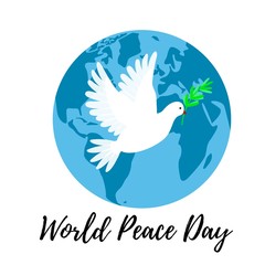Fototapeta na wymiar Peace Day poster with a white dove flying over an earth planet. Pingeon bird holding an olive branch.