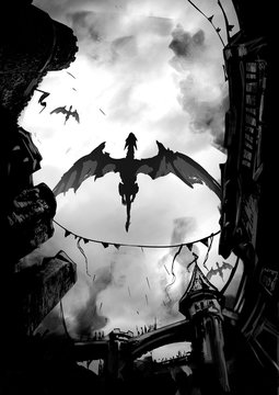 A flock of dragons ominously flies over a steaming medieval city, against a gray sky. 2d illustration