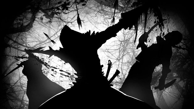 The agile nimble killer breaks through the ranks of the bandits, inflicting fatal blows, dodging arrows. Against the backdrop of a dense forest. 2d illustration.