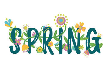 Spring typography text design decorated with flowers. Floral concept. Colorful vector illustration. Flat cartoon