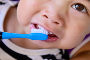 Close up portrait of cute little Asia toothbrush ready to brush teeth.
