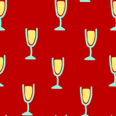Seamless pattern Glass with prosecco or champagne. Celebratory drink in cute style on red background. Wine glass for the festive decoration of the New Year, Christmas, Birthday and other holidays