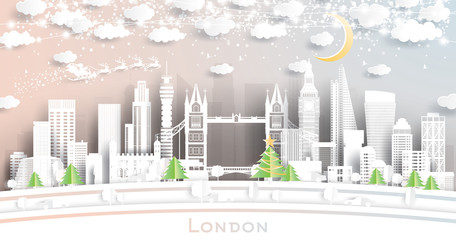 London England City Skyline in Paper Cut Style with Snowflakes, Moon and Neon Garland. Vector Illustration. Christmas and New Year Concept. Santa Claus on Sleigh.