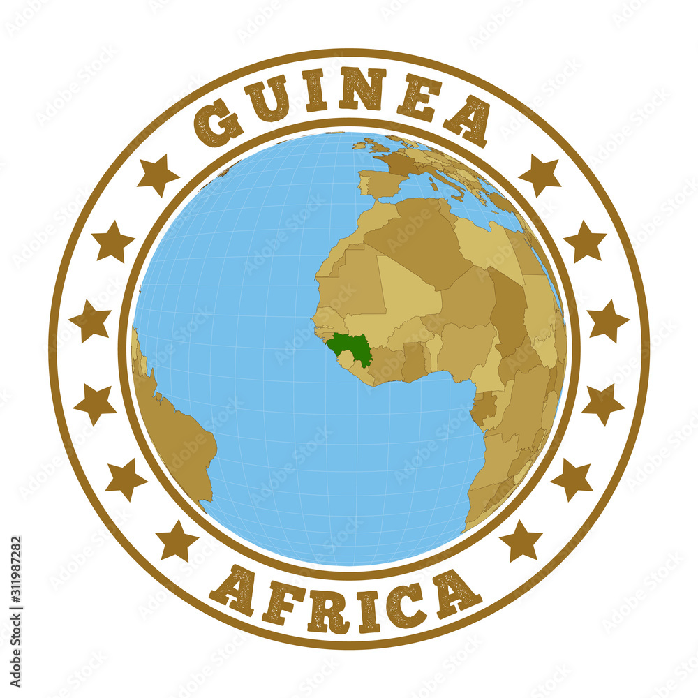 Poster guinea logo. round badge of country with map of guinea in world context. country sticker stamp with 