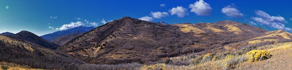 Views of Wasatch Front Rocky Mountains from the Oquirrh Mountains with fall leaves, Hiking in Yellow Fork trail and Rose Canyon in Great Salt Lake Valley. Utah, United States. USA.