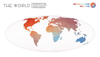 Low poly world map. Bromley projection of the world. Red Yellow Blue colored polygons. Amazing vector illustration.