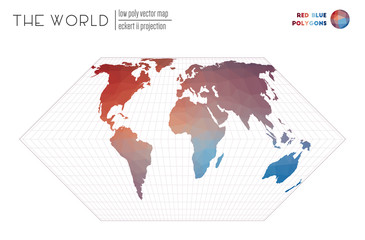 Polygonal map of the world. Eckert II projection of the world. Red Blue colored polygons. Beautiful vector illustration.