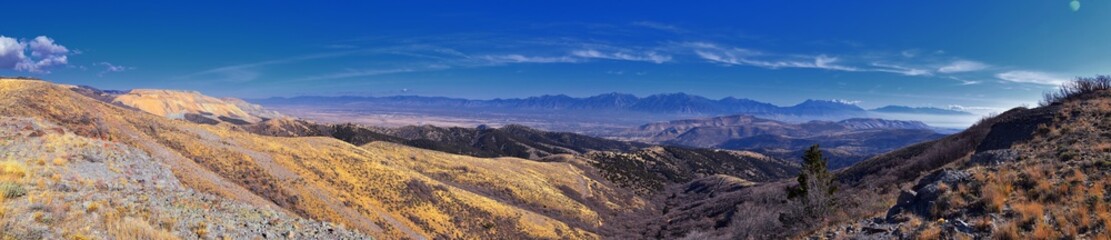 Views of Wasatch Front Rocky Mountains from the Oquirrh Mountains with fall leaves, Hiking in Yellow Fork trail and Rose Canyon in Great Salt Lake Valley. Utah, United States. USA.