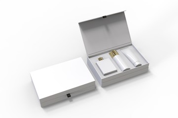 Blank cosmetic gift set box for branding, 3d render illustration.