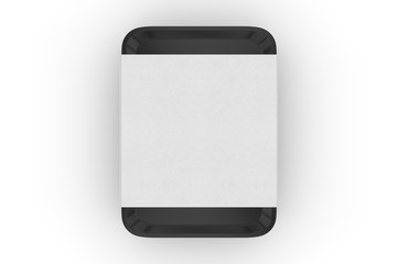 Blank tin box with sleeve paper label for branding, 3d render illustration.