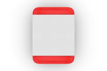 Blank tin box with sleeve paper label for branding, 3d render illustration.