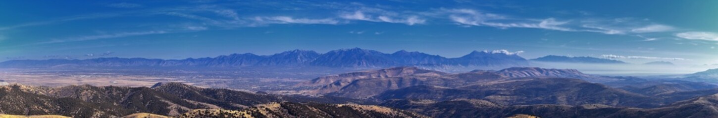 Views of Wasatch Front Rocky Mountains from the Oquirrh Mountains with fall leaves, Hiking in Yellow Fork trail and Rose Canyon in Great Salt Lake Valley. Utah, United States. USA.