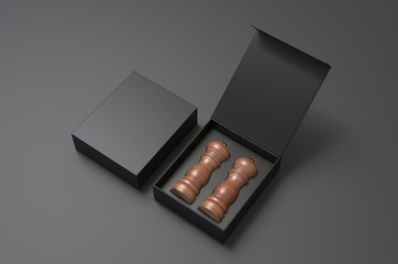 Blank Salt and Pepper Grinder Gift Set  Box For Branding, 3d render illustration.