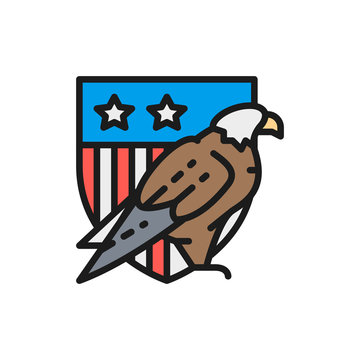 Eagle with USA shield, coat of arms of America flat color line icon.