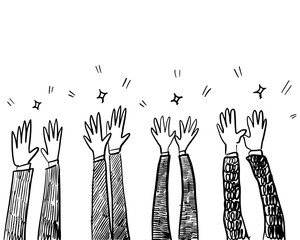Hand Drawn sketch style of Human hands clapping ovation. applause, thumbs up gesture on doodle style , vector illustration.