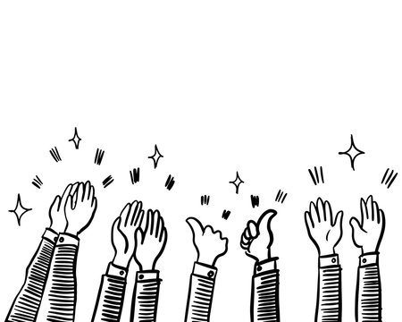 Hand Drawn sketch style of Human hands clapping ovation. applause, thumbs up gesture on doodle style , vector illustration.