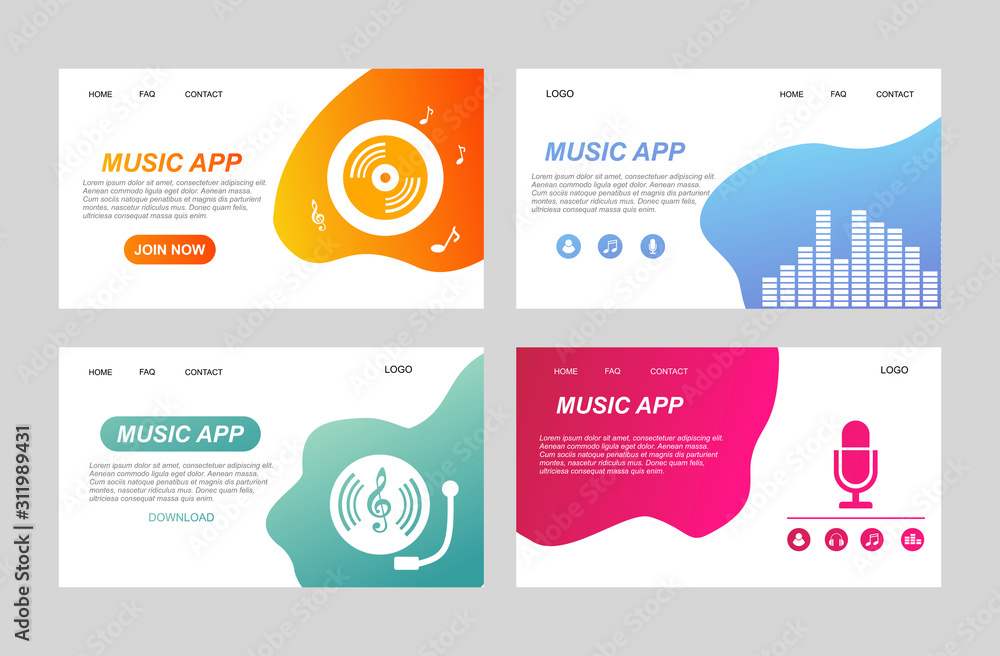 Poster landing page of flat music player template for web and mobile apps. media player application, app te