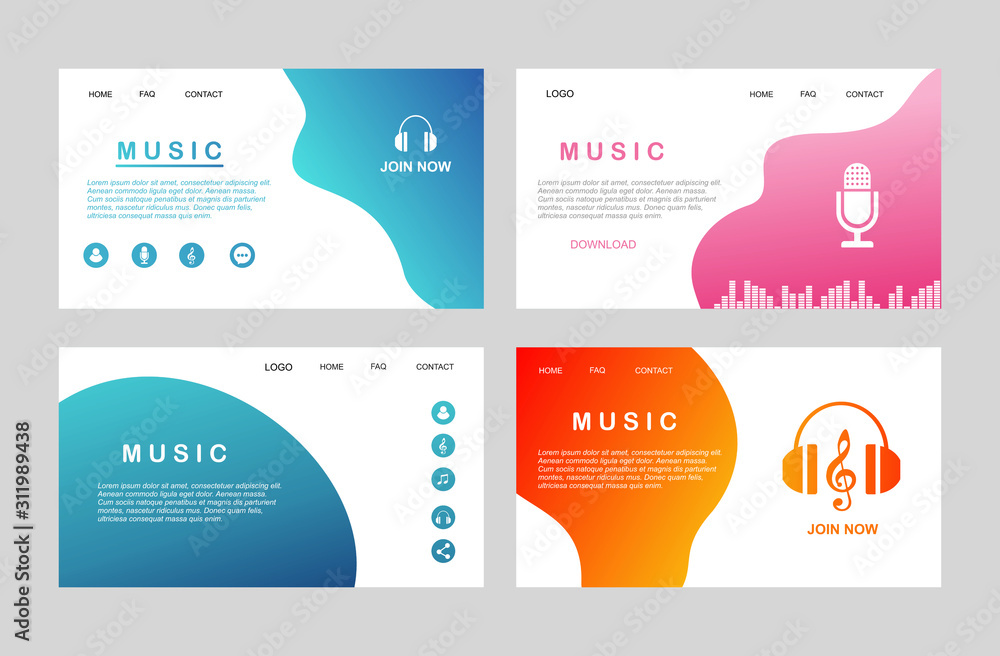 Aufkleber landing page of flat music player template for web and mobile apps. media player application, app te