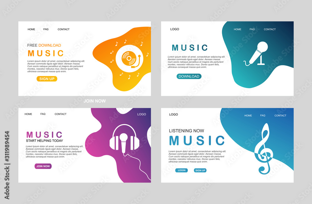 Poster landing page of flat music player template for web and mobile apps. media player application, app te