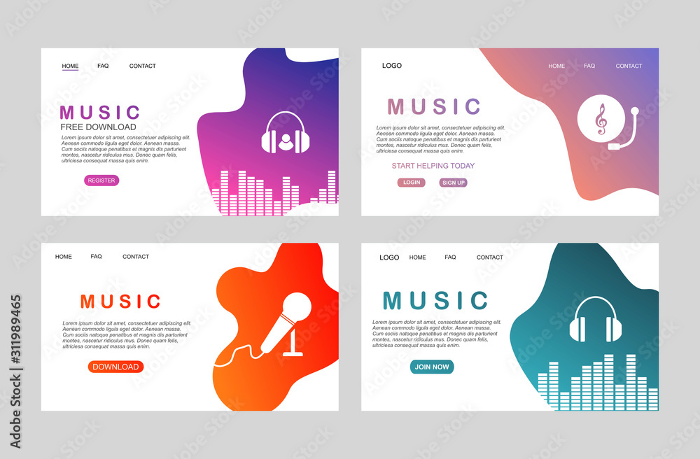 Poster landing page of flat music player template for web and mobile apps. media player application, app te