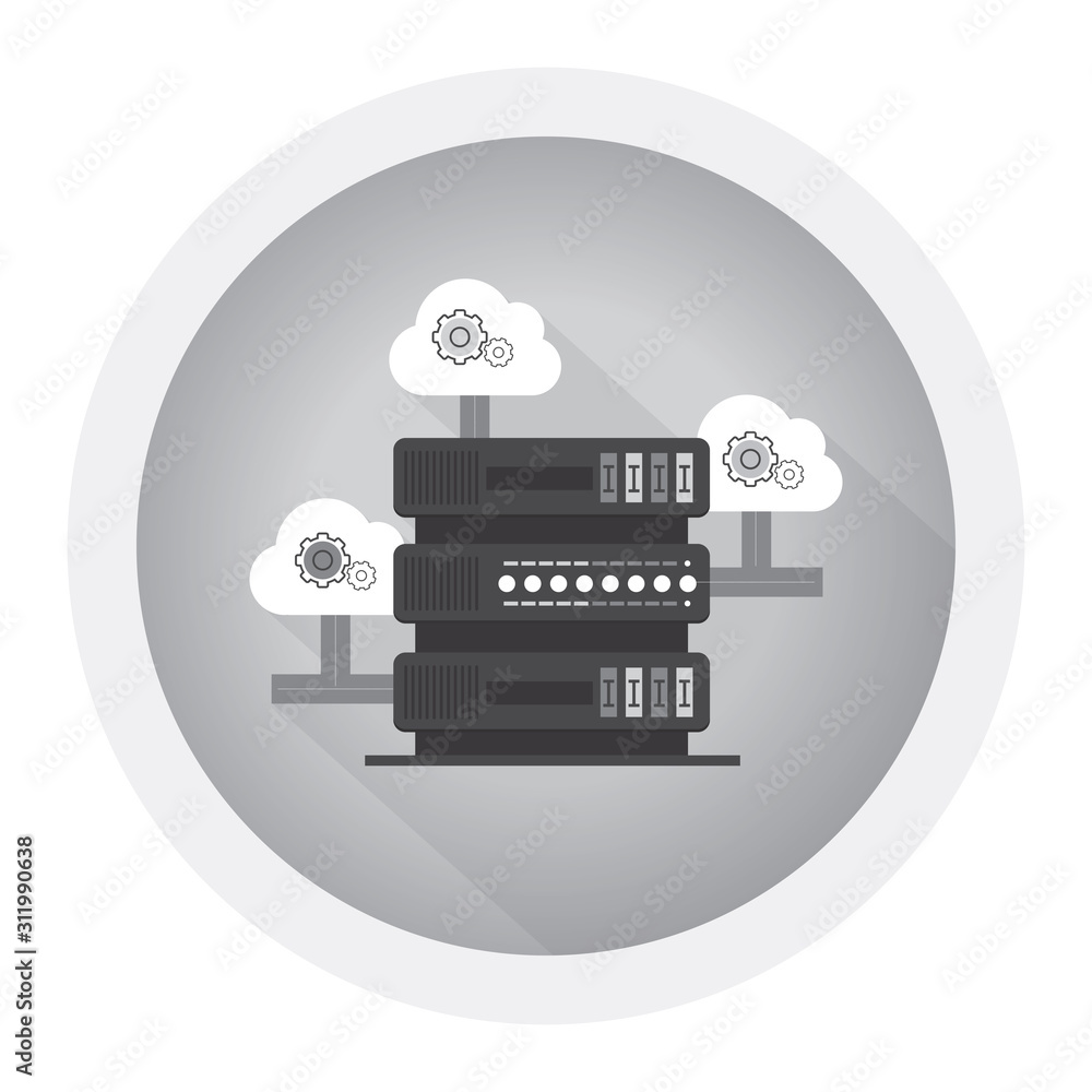 Poster data center and server room with three server unit. black and white icon