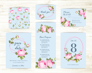 Vintage flowers templates set over wooden background. Wedding flowers bundle. Invitation collection of watercolor detailed hand drawn roses. Vector illustration.