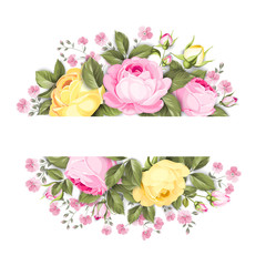 Floral bouquet with branch of roses in oval label with text place. Marriage label with rose flowers. Vector illustration.