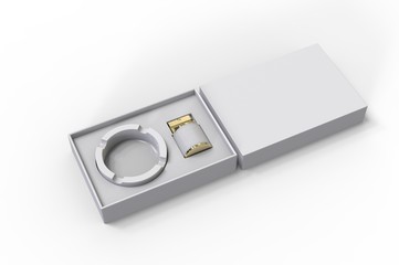 Blank ashtray and vintage lighter gift box for branding, 3d render illustration.