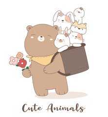 Cute baby animal cartoon hand drawn style for printing, card.vector illustration