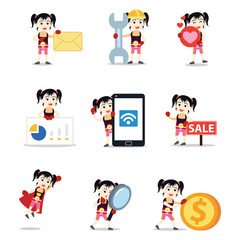 Set of woman boxer champion in ring.