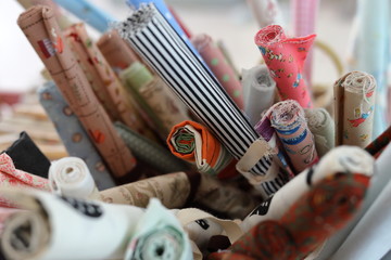 roll of pieces fabric many pattern use for material recycling of clothing fashion design