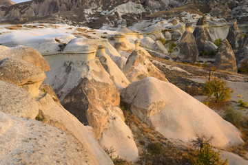Smoothed volcanic tuff and Fairy Chimneys at Pasabag Monks Valley at sunset Cappadocia Turkey