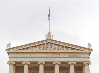 Athens Greece, the national academy neoclassical building pediment with Athena, Zeus and other gods...