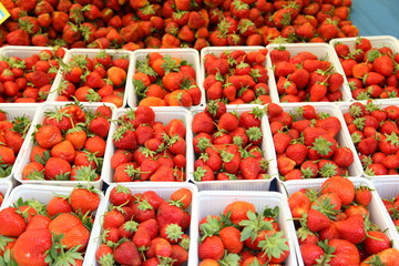 Background of strawberries in boxes