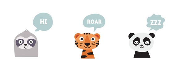 Talking animals. Sloth says Hi, Tiger says Roar and sleeping panda says Zzz. Concept art for baby clothes