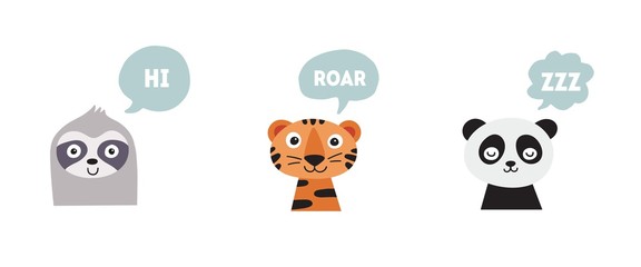 Fototapeta premium Talking animals. Sloth says Hi, Tiger says Roar and sleeping panda says Zzz. Concept art for baby clothes