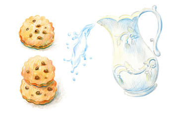 Vintage porcelain jug with milk and cookies.