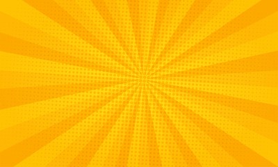 Bright yellow color burst background comic style pop art. Lightning blast halftone dots. 