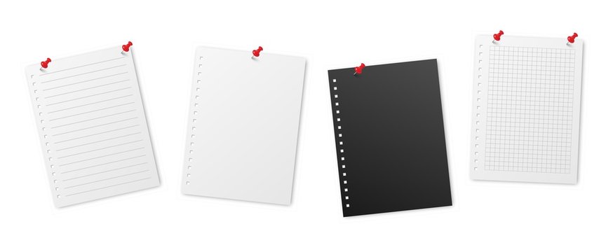 Realistic lined note sheets pinned. Blank gridded notebook papers templates