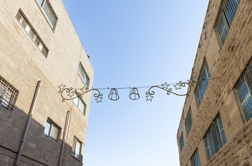 Luminous decorations for the celebration of Christmas and New Year on the street in Bayt Jala, a...