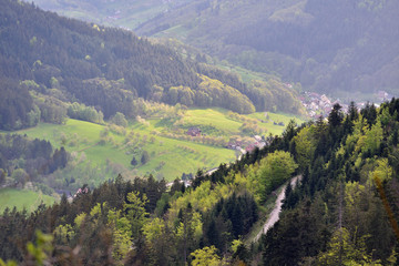 Naklejka na ściany i meble Picturesque landscape, a road on a mountainside overlooking a valley with houses in the German Forest Schwarzwald, European nature. Text space
