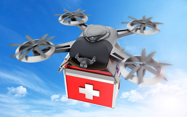 Drone carrying metal case medicine box. 3D illustration