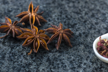 Various edible spices and condiments are placed together.