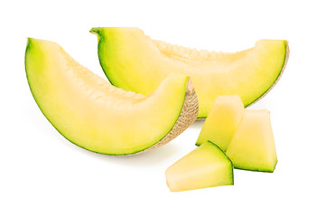 Japanese melon and seeds cut slice isolated on white background with clipping path