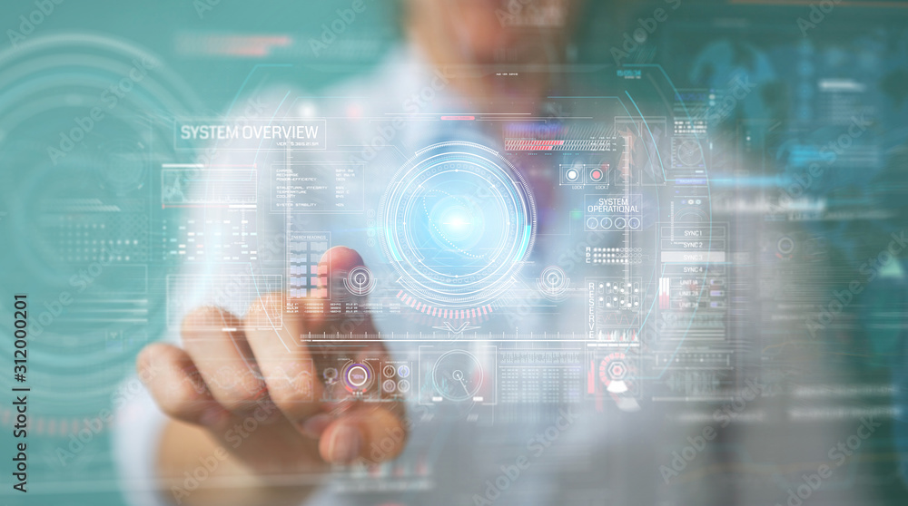 Poster Woman using digital technological interface with datas 3D rendering