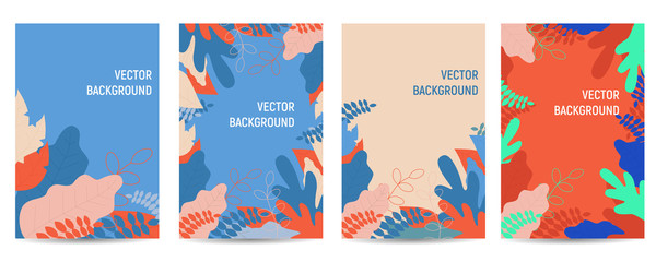 Vector set of abstract backgrounds - vibrant cover design templates, banners, social media wallpapers with leaves and flowers.