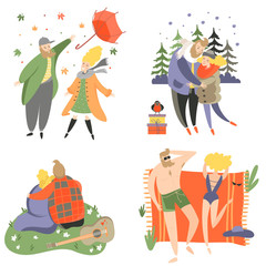set of isolated illustrations with loving couple in various weather conditions. People in different poses on winter summer autumn spring. Vector illustration in flat style.