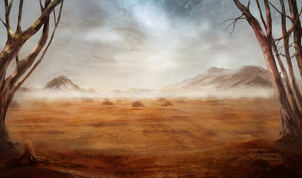 Fantasy desert landscape with hills and clouds of dust