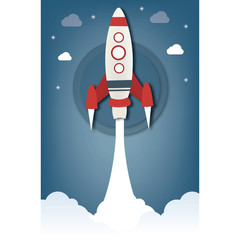 Fototapeta premium Picture of rocket flying above clouds, business startup banner concept, flat style