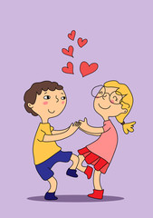 Two lovers boy and girl holding hands and dancing, vector illustration